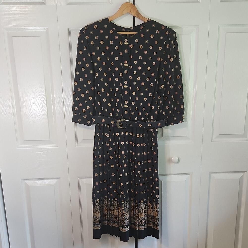 Vintage Breli Originals‎ Polka-Dot Dress Size Med Belted 70s USA Retro Pleated